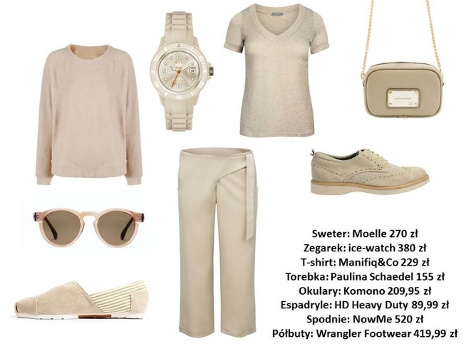 Ubrania i dodatki w różnych odcieniach koloru nude