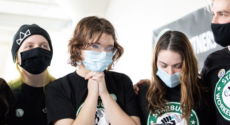 Starbucks workers vote to unionize at a store in Buffalo, New York, in December 2021.