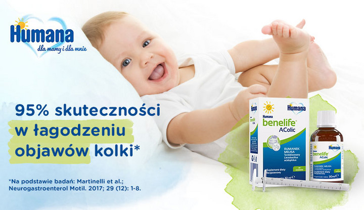 Humana benelife AColic: suplement diety dla niemowląt, który wykazuje aż 95% skuteczności w łagodzeniu objawów kolki. 