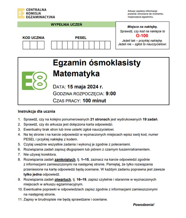 Egzamin ósmoklasisty 2024. Matematyka. Arkusz CKE