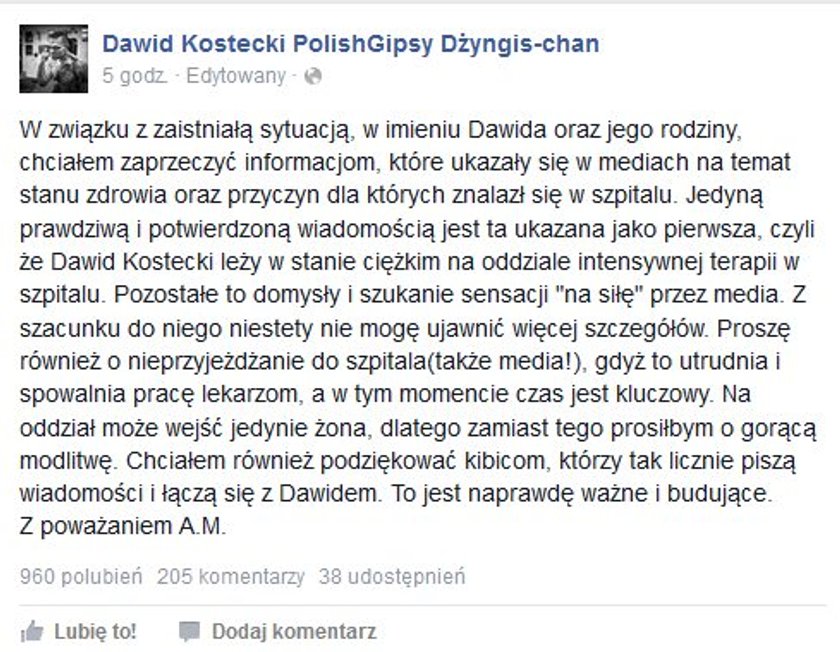 Oficjalne oświadczenie ws. Dawida "Cygana" Kosteckiego! Bokser jednak nie próbował się zabić!?