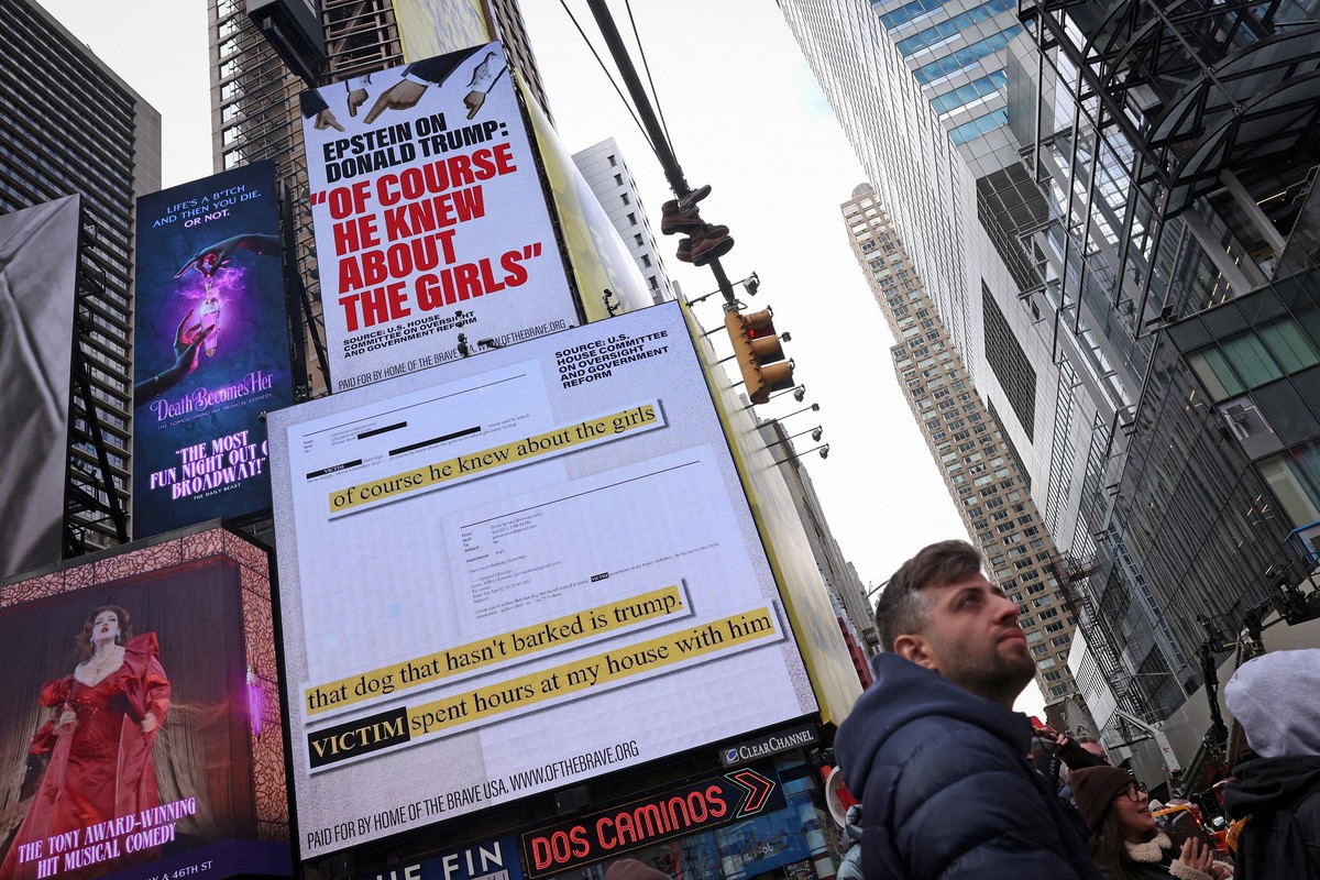 A billboard in Times Square sponsored by the group 'Home of the Brave' displays comments by Jeffrey Epstein about Donald Trump, in New York