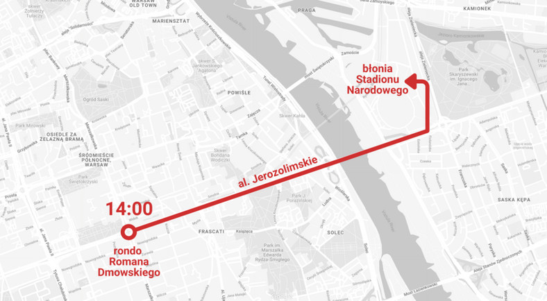 Mapa Marsz Niepodległości. Ulice przemarszu w Warszawie