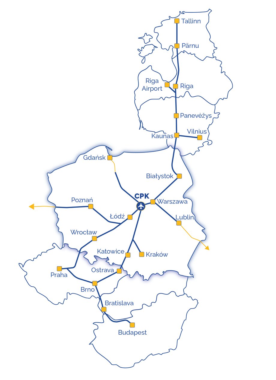 Schemat międzynarodowych tras kolejowych w ramach projektu CPK