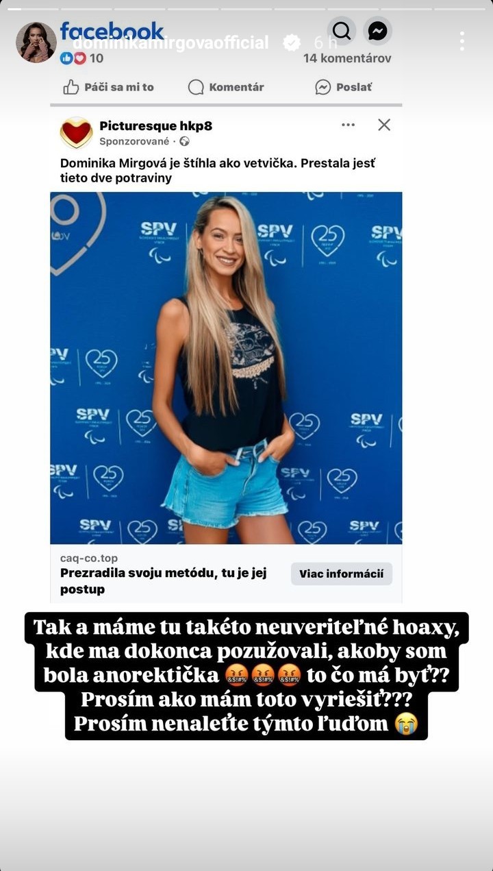 Dominika Mirgová varuje pred podvodným príspevkom.