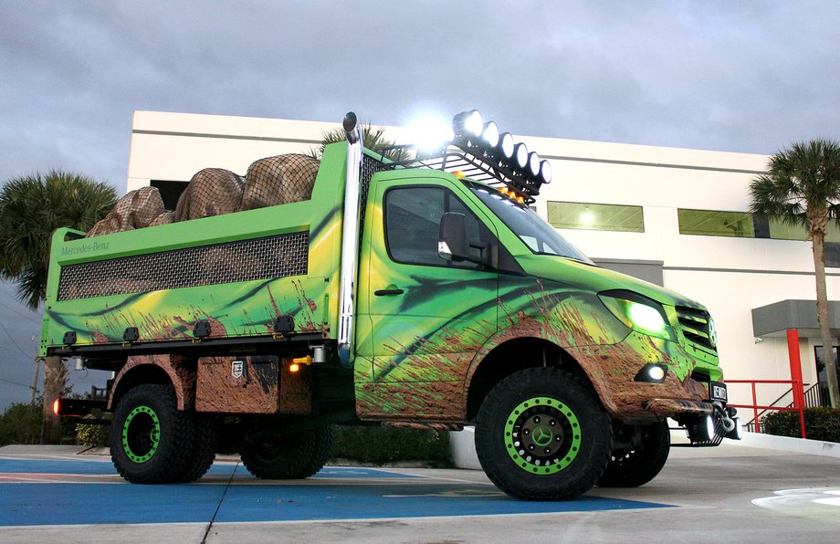 And Mercedes-Benz gave us the Sprinter Extreme concept — because nothing says rugged like painted-on mud decals and a bed full of fake boulders.