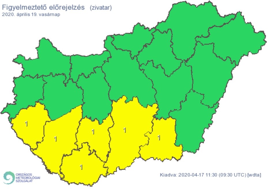 Vasárnap az ország déli megyéiben jégeső, villámlás jöhet / Forrás: Met.hu