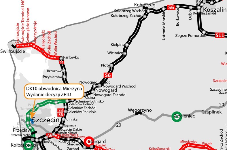 Mapa z zaznaczoną lokalizacją obwodnicy Mierzyna na DK10