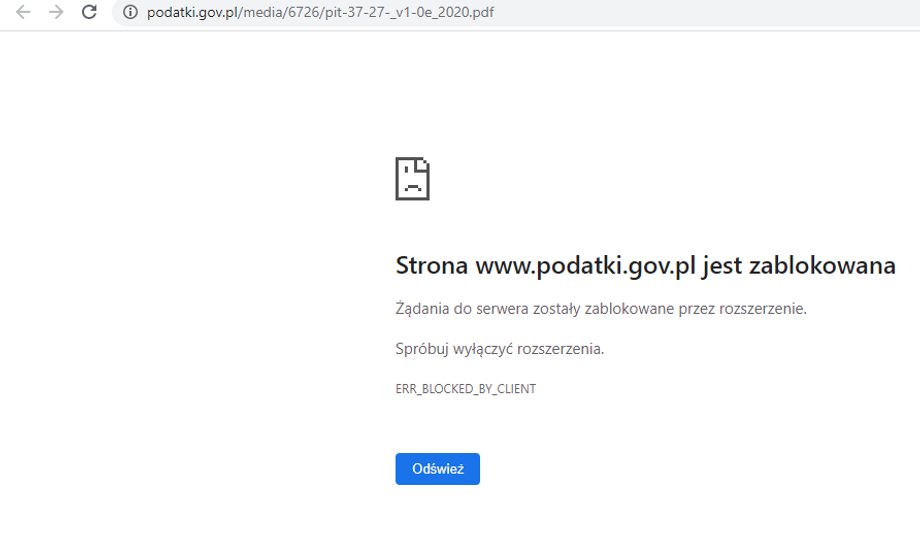 Próba ściągnięcia formularza może zakończyć się blokadą strony.