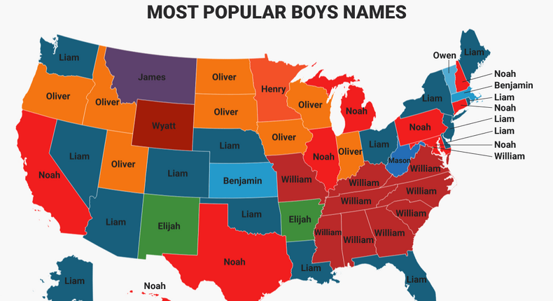 William was a very common name for boys in 2016 in the Southeast and Appalachia.