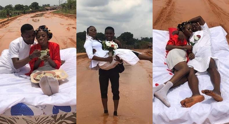 Photos: Couple protests bad road by celebrating honeymoon on untarred stretch