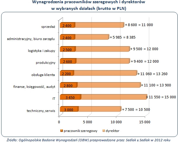 Wynagrodzenia pracowników szeregowych i dyrektorów w wybranych działach (w zł brutto)