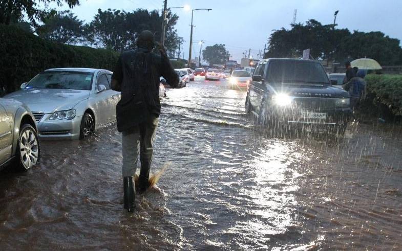 Heavy traffic on a Kenyan road during the rainy season