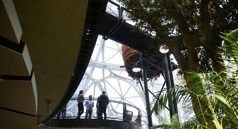 People tour the new Amazon Spheres, seen from the main floor, during an opening event at Amazon's Seattle headquarters in Seattle, Washington, U.S., January 29, 2018.LINDSEY WASSON/Reuters