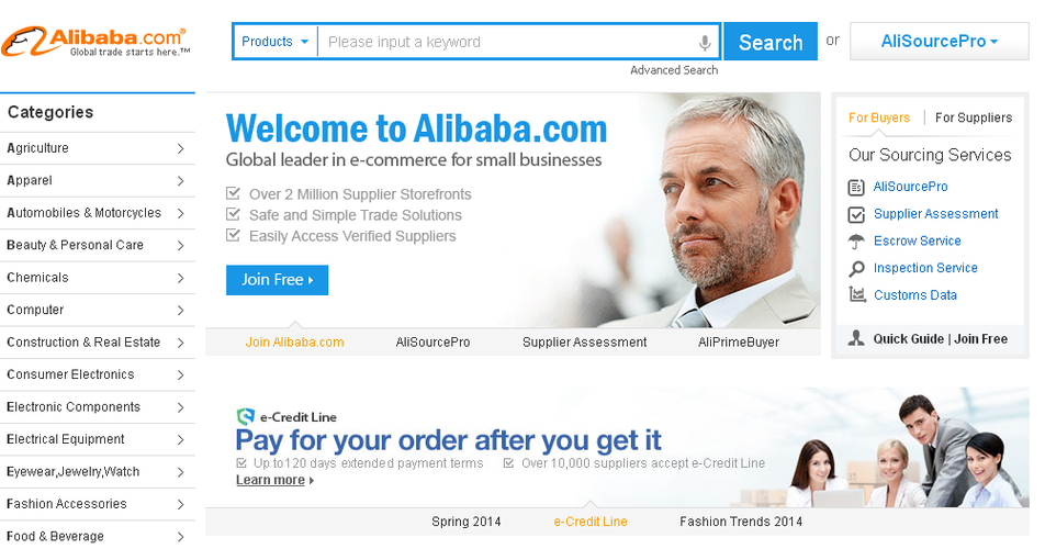 3. Alibaba.com -  jedna z największych spółek w chińskim internecie. Serwis umożliwia przedsiębiorcom z całego świata dokonywanie zleceń bezpośrednio u producentów
