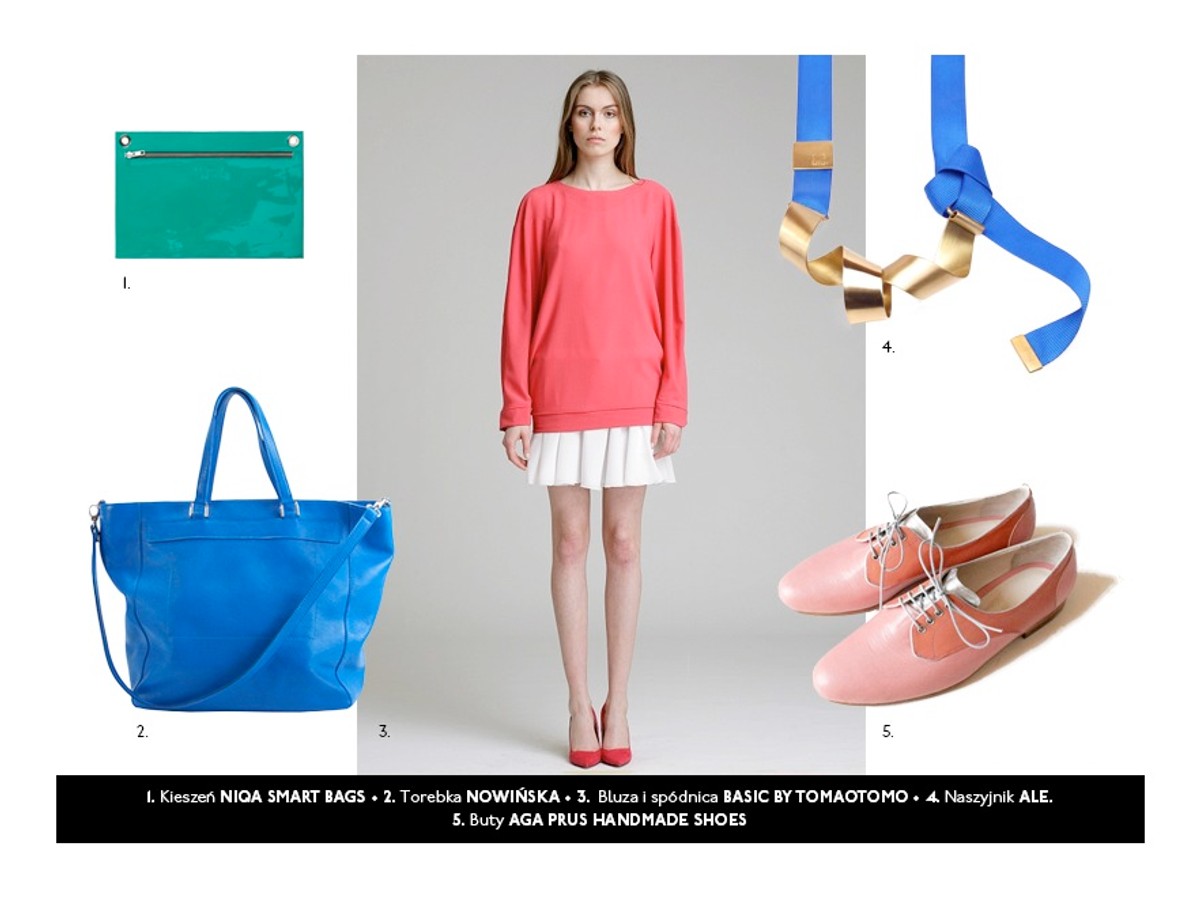 •	Bluzka, BASIC BY TOMAOTOMO, 420 zł •	Spódnica, BASIC BY TOMAOTOMO, 300 zł •	Buty, AGA PRUS, 980 zł •	Naszyjnik, ALE., 270 zł •	Kieszeń, NIQA SMART BAGS, 130 zł •	Torebka, NOWIŃSKA, 699 zł