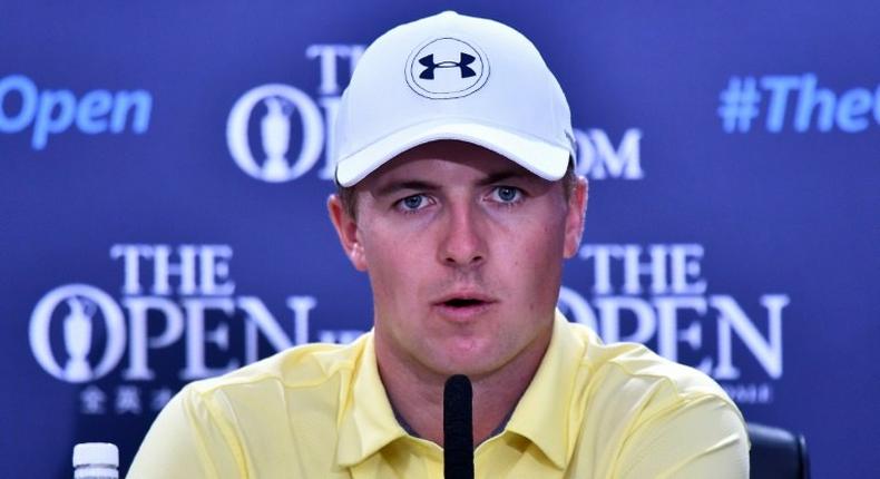 US golfer Jordan Spieth speaks to members of the media at a press conference at Royal Birkdale golf course near Southport in north west England on July 18, 2017, ahead of the 146th Open Golf Championship