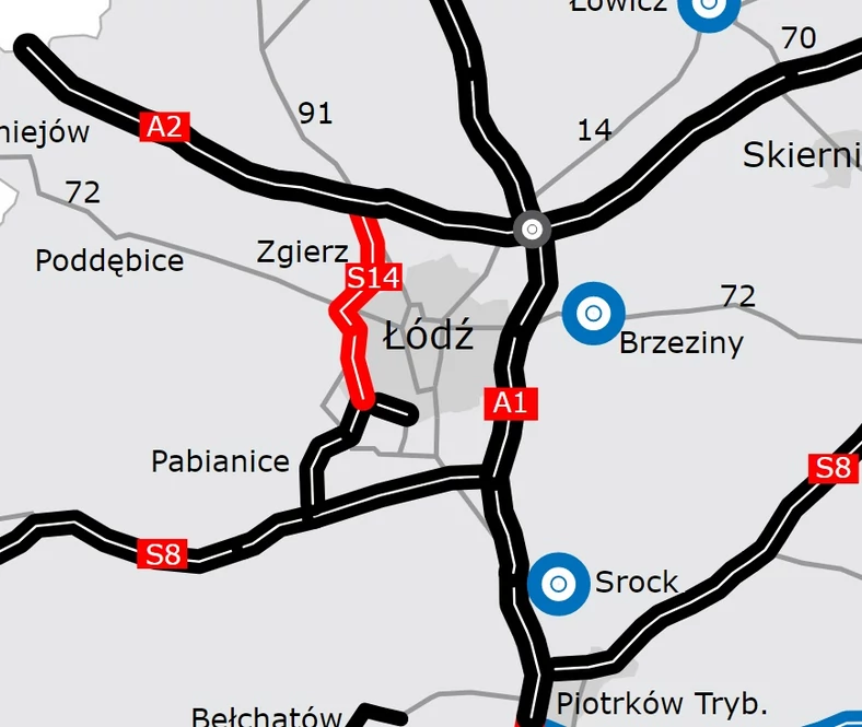 Droga S14 Łódź mapa