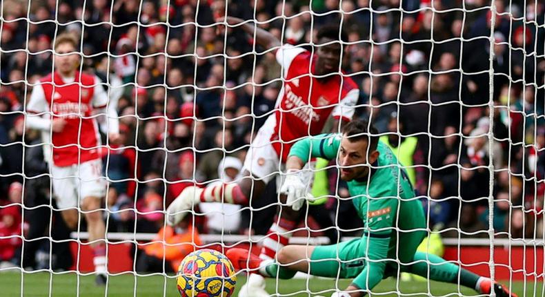 Bukayo Saka (2R) scored the crucial opening goal for Arsenal Creator: Adrian DENNIS
