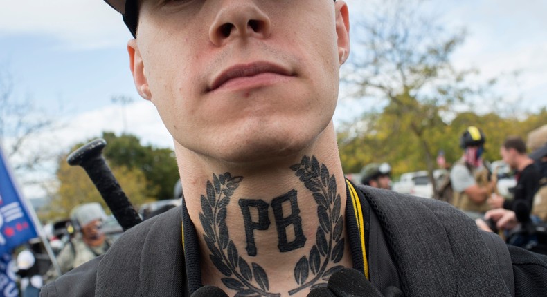 Members of the Proud Boys, a far right organization dedicated to fighting with leftists, hold a rally on September 26, 2020 in Delta Park, on the northern edge of Portland, Oregon.