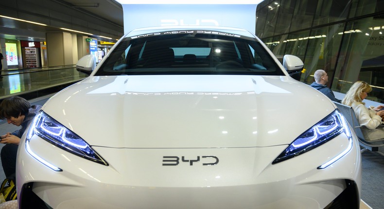 A BYD Sealion 7 on display at an airport in Warsaw.Aleksander Kalka/NurPhoto/Getty Images