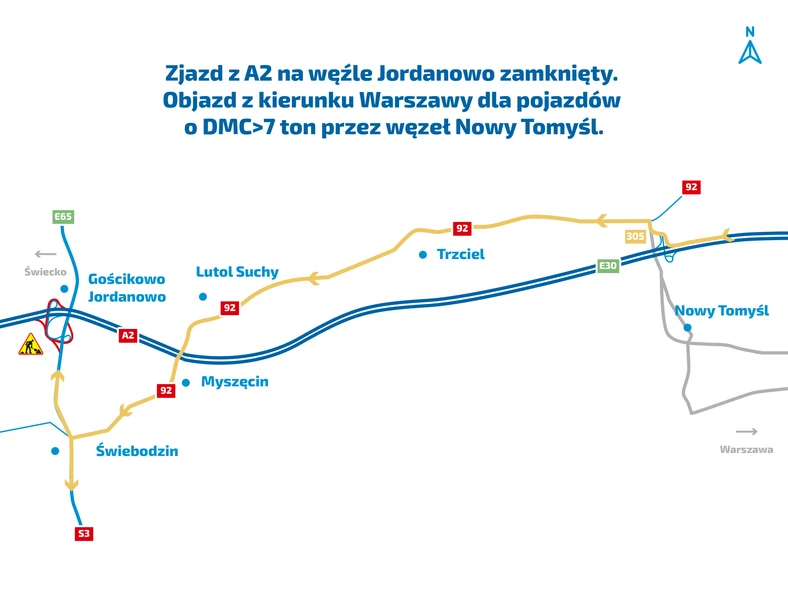 Objazd z kierunku Warszawy dla pojazdów o DMC pow. 7 t