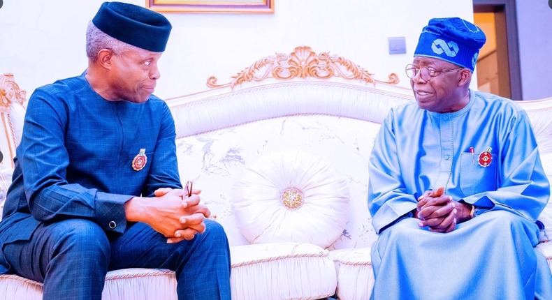 Vice President, Yemi Osinbajo visited the APC presidential candidate, Asiwaju Bola Tinubu, at his Abuja residence. [Twitter:@akandeoj]