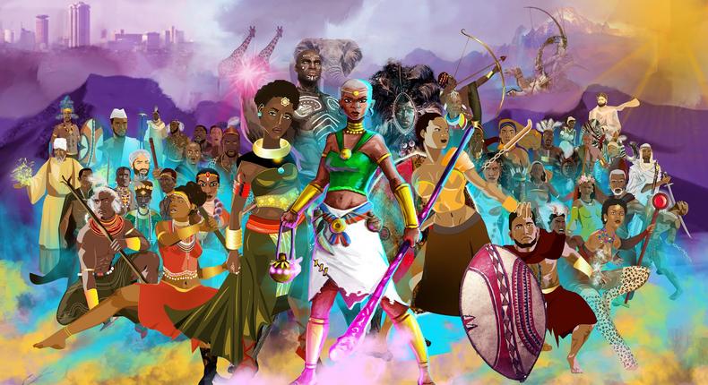 A collage of African cartoon super heroes