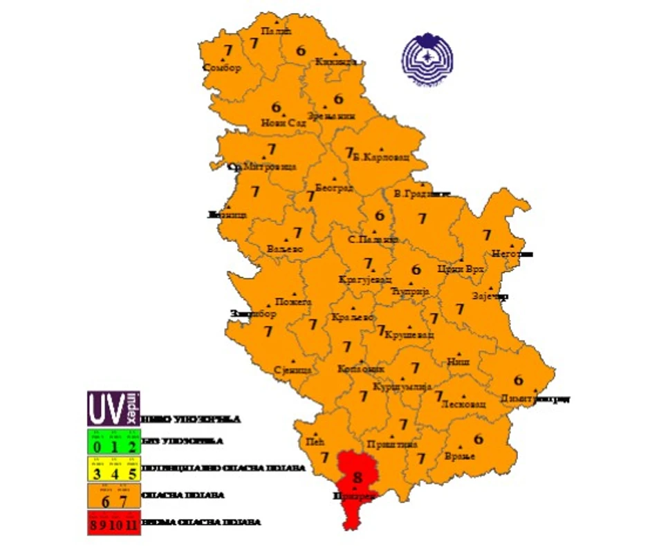 Mapa UV zračenja za petak