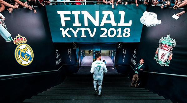 Cristiano Ronaldo walks down the tunnel at the Kyiv stadium.