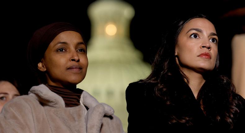 Rep. Alexandria Ocasio-Cortez, seen here with Rep. Ilhan Omar, suggested a flurry of anti-Iran resolutions were aimed at sparking a new war.Anna Moneymaker/Getty Images