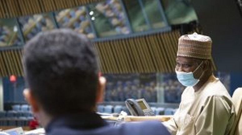 President of the UN General Assembly and Presiding Officer, Amb. Tijani Muhammad-Bande (right), with the Under-Secretary-General for General Assembly and Conference Management, Movses Abelian, during the election held at the UN headquarters in New York. Photo: UN. [NAN]