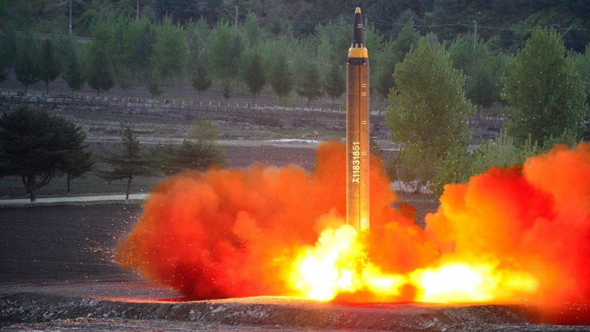 North Korean leader Kim Jong Un inspects the long-range strategic ballistic rocket Hwasong-12 (Mars-