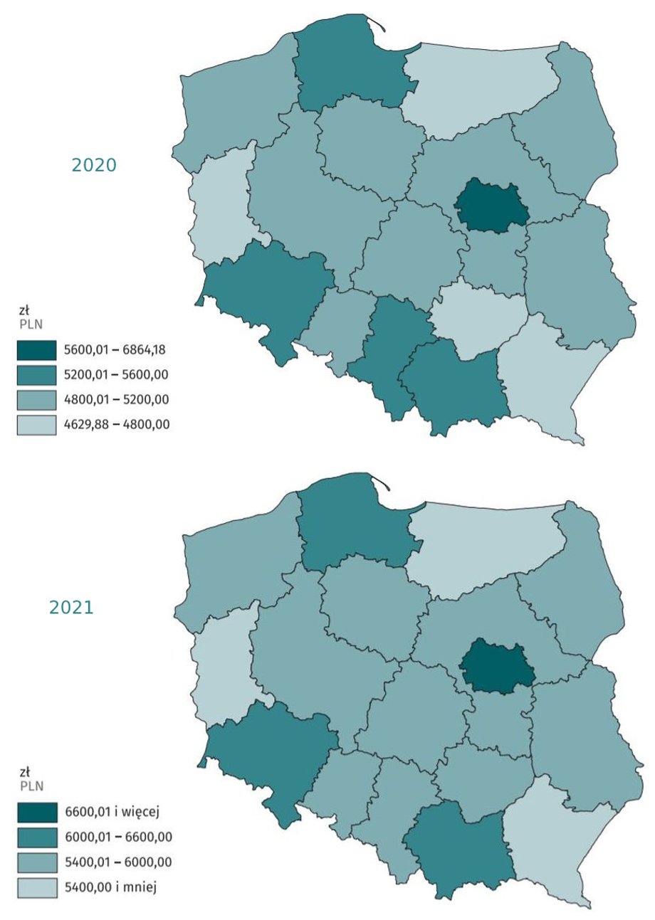 Poziom przeciętnej płacy w gospodarce narodowej z podziałem na województwa w I kwartałach roku 2020 i 2021.