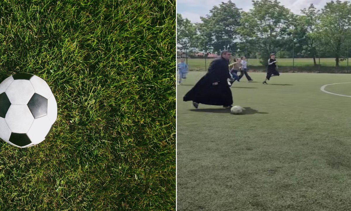 Ksiądz w sutannie gra w piłkę nożną."Real Madryt dzwonił?"