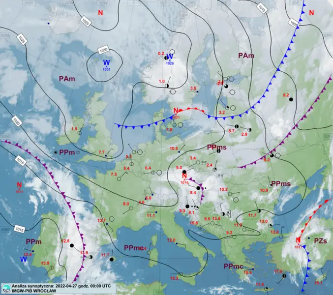 Mapa synoptyczna Europy, 27 kwietnia, godz. 00 UTC. Widoczny wyż na zachodzie Europy i niż na północnym wschodzie.