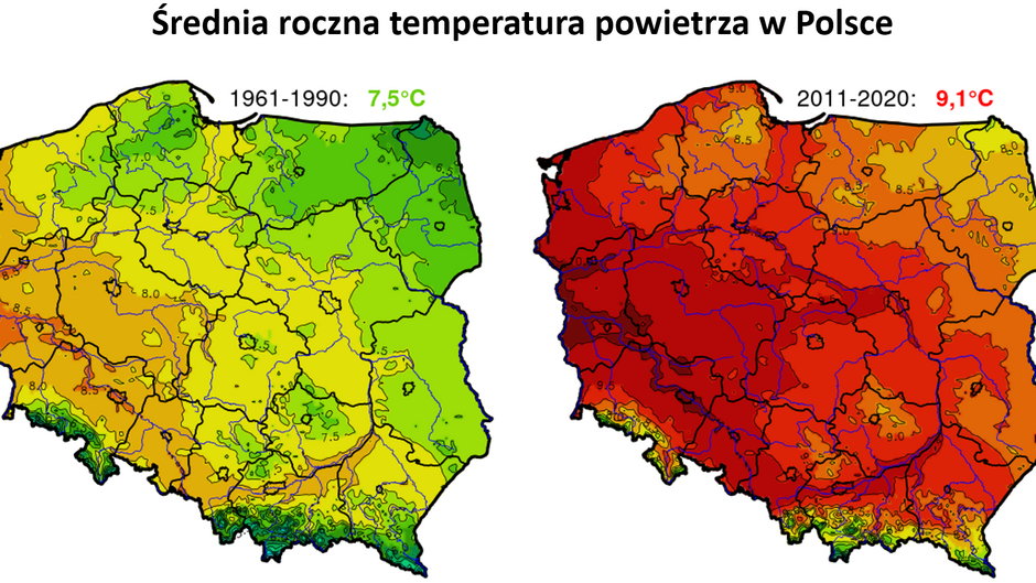 Po lewej: średnia temperatura roczna w okresie 1961-1990, po prawej w latach 2011-2020.