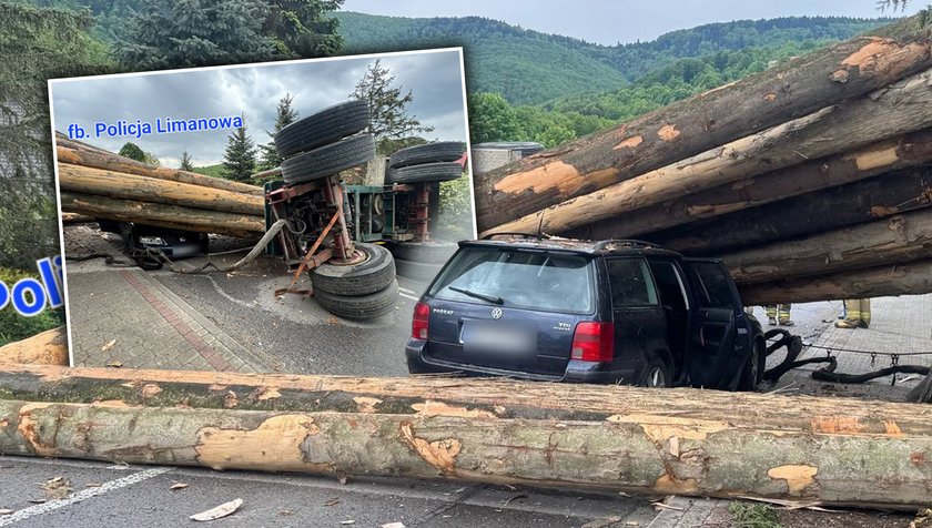 Laskowa. Dramatic accident. Wood crushed the passenger car. There was a child inside