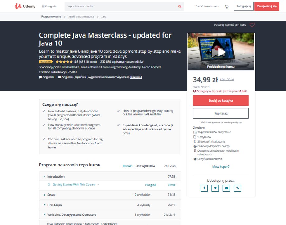 Całościowy kurs, obejmujący ćwiczenia i wykłady kosztuje 34,99 zł – to mniej niż godzina pracy programisty