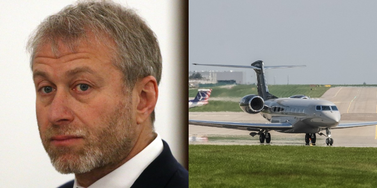 Rosyjski miliarder i biznesmen Roman Abramowicz obok samolotu Gulfstream G650ER (nr rej. SP-TOP) na lotnisku Lecha Wałęsy w Gdańsku