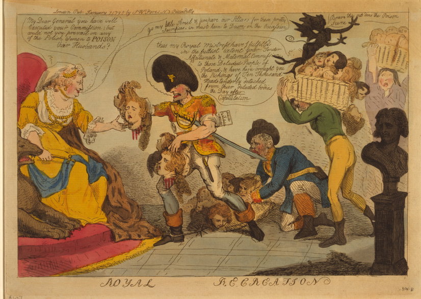 Karykatura Isaaca Cruikshanka przedstawia Katarzynę II przyjmującą ścięte głowy narodu polskiego od oficera dowodzącego wojskami rosyjskimi podczas klęski Polaków w 1794 r., opublikowana w Londynie 7 stycznia 1795 r.