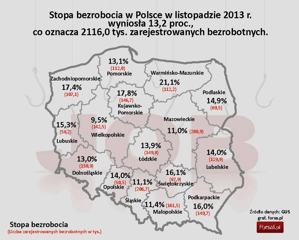 Stopa bezrobocia w Polsce w listopadzie 2013 r. - województwa