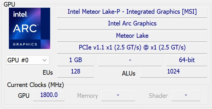 HWiNFO64 – specyfikacja zintegrowanego układu graficznego Intel Arc GPU