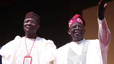 INEC chairman, Prof. Mahmood Yakubu (left), declared Bola Tinubu (right) Nigeria's president-elect after the February 25, 2023 election, but multiple parties are challenging the result in court  [Kola Sulaimon/AFP]