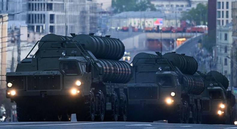 A column of Russian missile S-400 Triumf systems drive along the Garden Ring road towards the Red Square for a rehearsal of the Victory Day military parade, in central Moscow, on April 27, 2023.KIRILL KUDRYAVTSEV/AFP via Getty Images