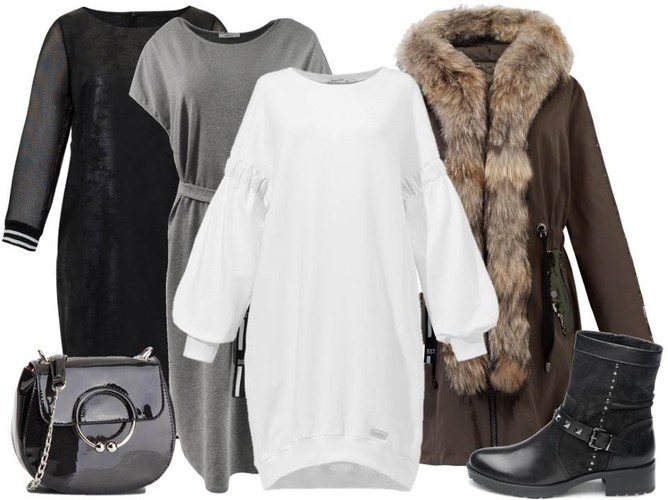 Modne sukienki na jesień 2018: czarna sukienka- Midori Feminine Fashion/midori.pl, szara sukienka- Fablu/fablu.pl, biała sukienka- Bastet/bastetfashion.pl, parka- Boca/boca.pl, torebka- Menbur/menbur.pl, buty- Caprice/caprice.pl