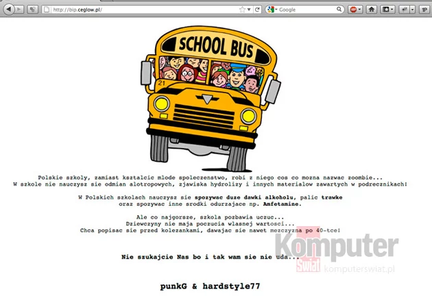 Tak wyglądały zaatakowane strony. Zdaniem hakerów szkolny autobus nie jest wcale taki wesoły. Komputerswiat.pl.
