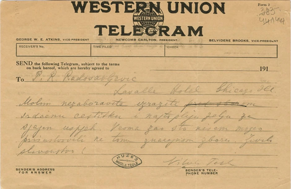 Telegram na srpskom poslat u Americi g. Radosavljeviću