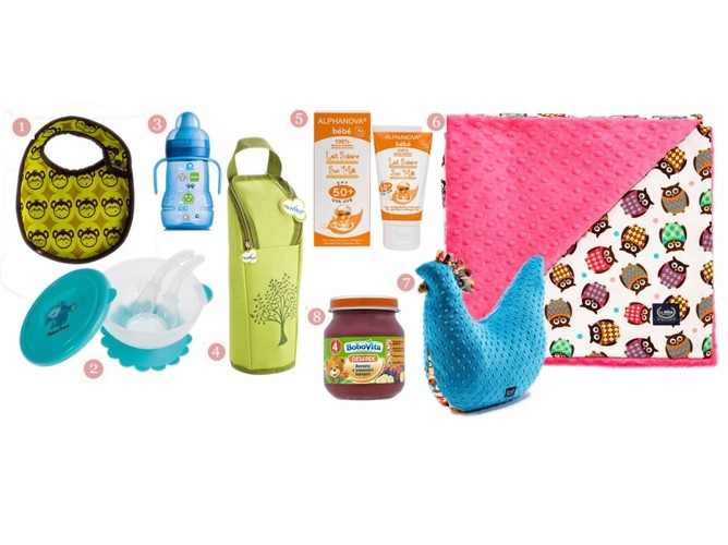 1.Śliniaczek Close Parent, 18 zł; 2. Naczynia do karmienia 3. Kubek niekapek Mam Baby 6+ 220 ml, 26 zł; 4. Torba termiczna Nuvita Pappa&Go Sorrento, 70 zł; 5. Krem z filtrem UV Alphanova Bebe SPF 50+ 50 ml, 59 zł; 6. Kocyk dwustronny La Millou Light 80 x 100 cm, 164 zł; 7. Poduszka Kura Babci Dany La Millou, 110 zł; 8. Gotowy deserek BoboVita Banany z owocami leśnymi 125 g, 2,96zł.