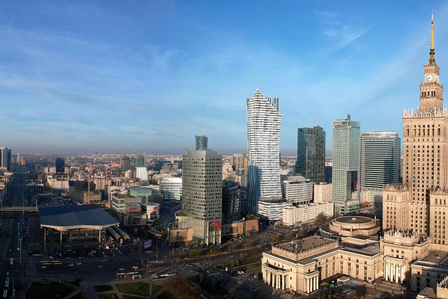 Panorama Śródmieścia Warszawy z położonymi centralnie Złotymi Tarasami